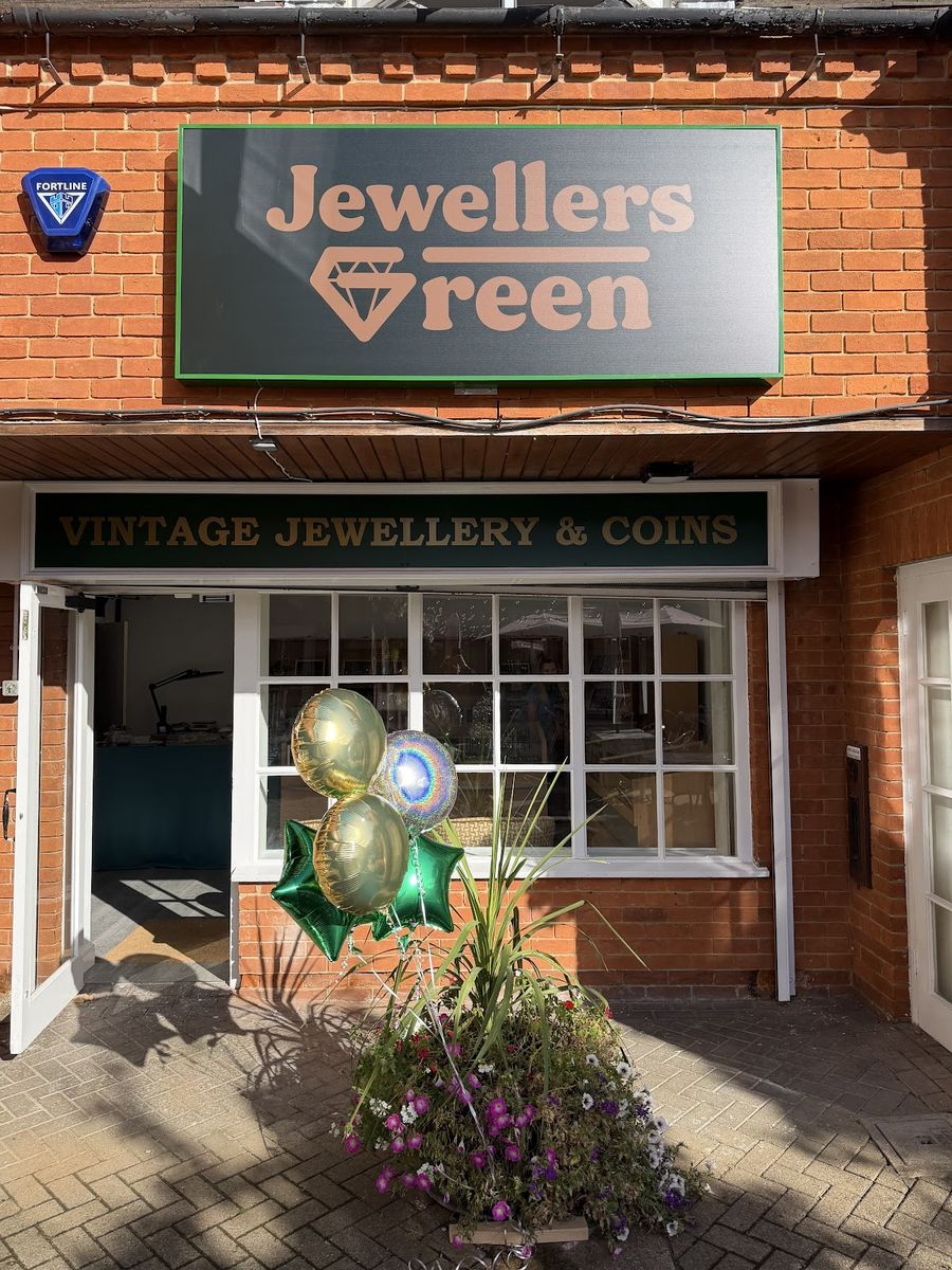 The shop front: a Jewellers Green sign over a window reading Vintage Jewellery & Coins